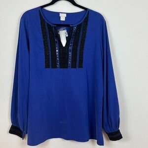 Chicos Blue Embellished Beaded Blouse Womens SZ 2 (12/14) New with tags Workwear